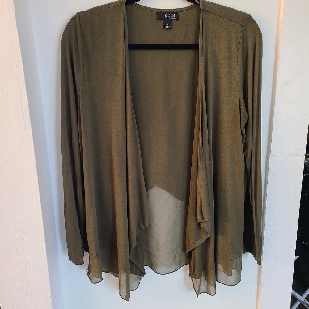 Olive Green Open Front Cardigan with Mesh Back